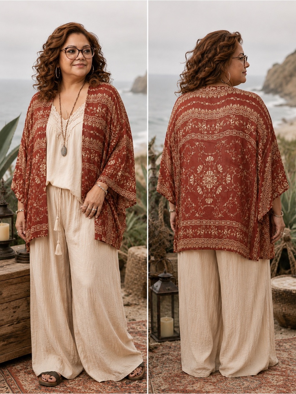 CJ Banks Rust & Cream Floral Boho Coastal Wimsigoth Kimono Tunic 2X-3X